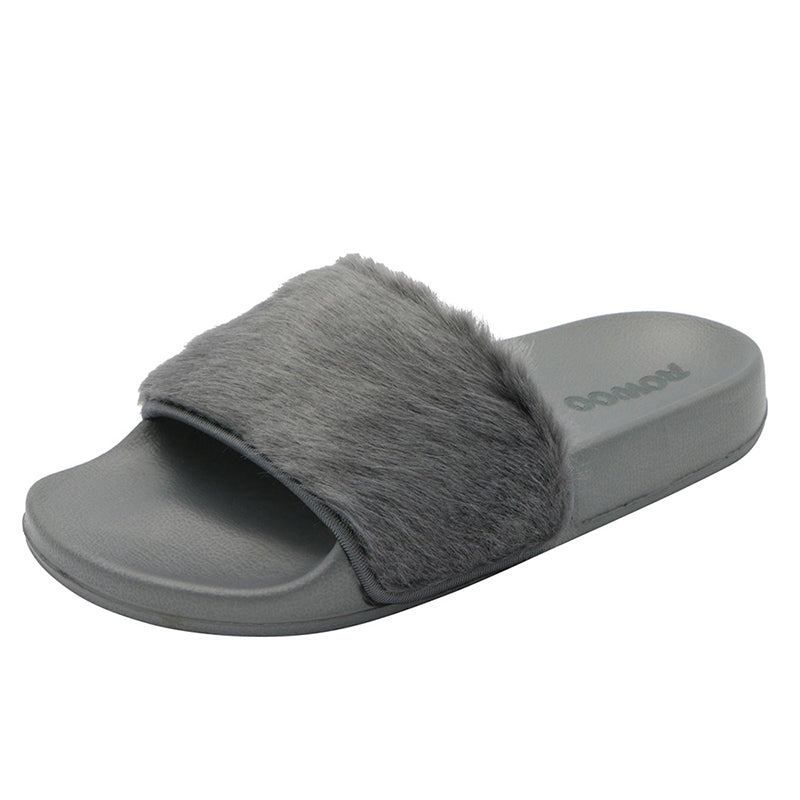 Women's Slip on Faux Fur Trim Flat Slide Slipper Sandals