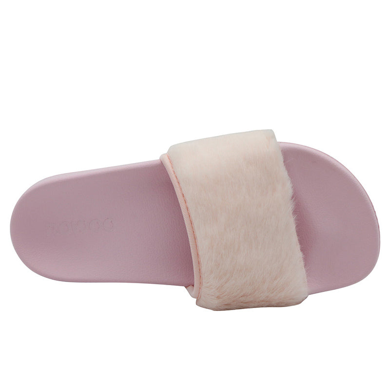 Women's Slip on Faux Fur Trim Flat Slide Slipper Sandals