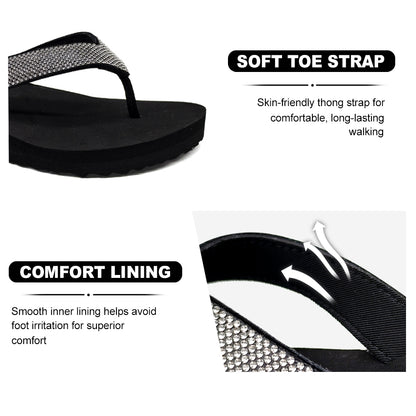 Rhinestone Wedge Flip Flops – 2.17 inch Subtle Lift, All-Day Comfort