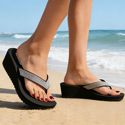 Rhinestone Wedge Flip Flops – 2.17 inch Subtle Lift, All-Day Comfort