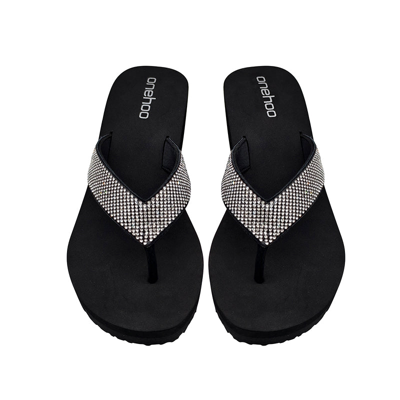 Rhinestone Wedge Flip Flops – 5.5cm Subtle Lift, All-Day Comfort