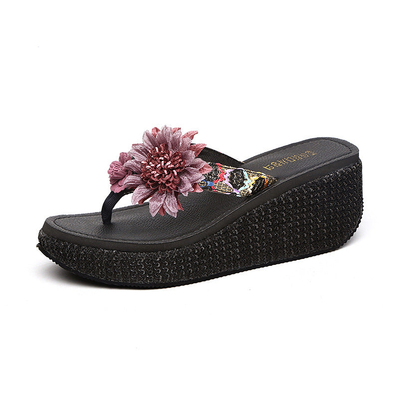 Women Wedge Platform Flip Flops Big Flower