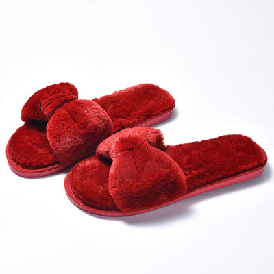 Women Fur Slippers House Sandals Big Bow