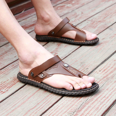 Men Leather Flip Flops Beach Sandals