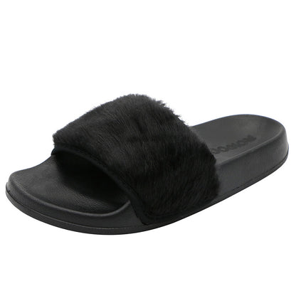 Women's Slip on Faux Fur Trim Flat Slide Slipper Sandals