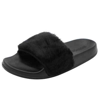 Women's Slip on Faux Fur Trim 2022 Flat Slide Slipper Sandals