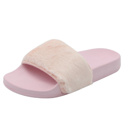 Women's Slip on Faux Fur Trim Flat Slide Slipper Sandals