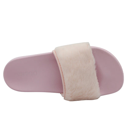 Women's Slip on Faux Fur Trim Flat Slide Slipper Sandals