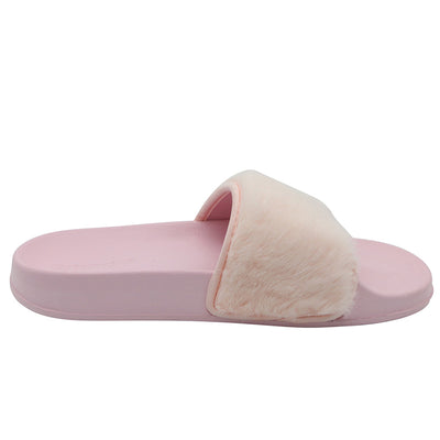 Women's Slip on Faux Fur Trim 2022 Flat Slide Slipper Sandals