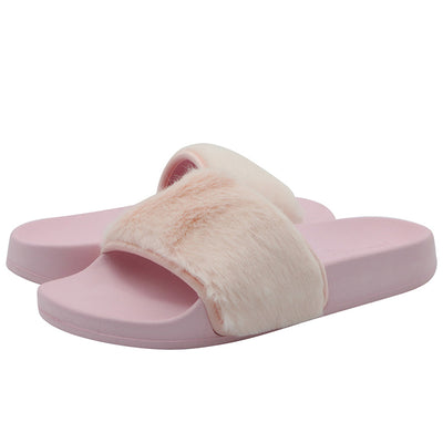 Women's Slip on Faux Fur Trim 2022 Flat Slide Slipper Sandals